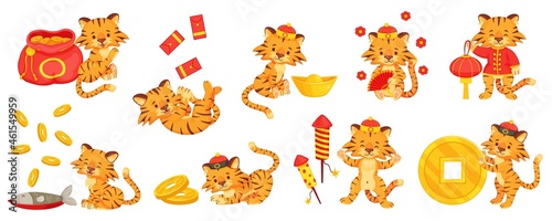 Cartoon chinese new year tiger, cute tigers with gold ingot. Little tiger cubs with firecrackers, money bag. Holiday mascot character vector set. Characters in national clothing with coins