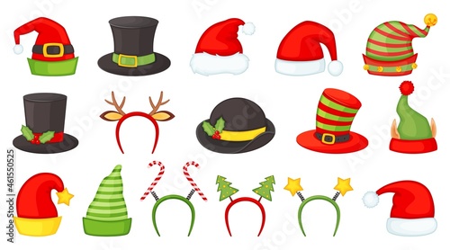 Cartoon christmas hats and headbands for xmas costumes. Santa claus hat, elf and snowman caps, reindeer antlers, winter holiday props vector set. Decorative accessories for new year party