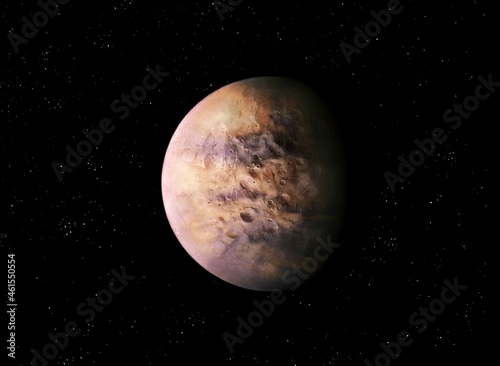 alien planet with craters in deep space, large rocky satellite. 
