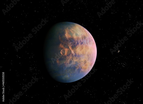 alien planet with craters in deep space, rocky satellite 3d illustration