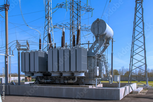 Powerful power transformer for industrial high voltage substation. Energy enterprise.