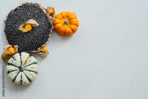 Autumn vibes. Fall still life tip view. Hello hurvest photo