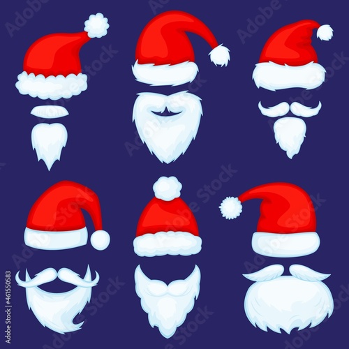 Cartoon christmas santa claus hats with beards or mustaches. Red santas cap, beard xmas photo booth mask, new year costume accessory vector set. Different festive decor for party celebration