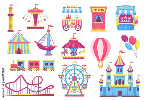 Amusement park attractions, fairground rides, carnival elements. Cartoon circus tent, carousel, rollercoaster, funfair games vector set. Shooting range, castle and ice cream for excitement photo