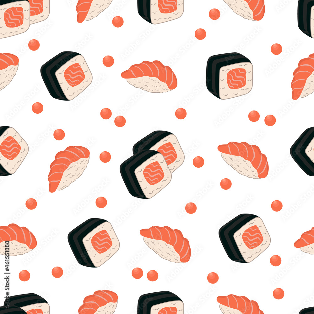 sushi roll and sake nigiri with japanese seafood concept in seamless pattern on white background