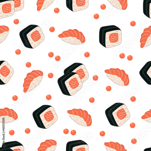 Obraz na płótnie sushi roll and sake nigiri with japanese seafood concept in seamless pattern on white background w salonie