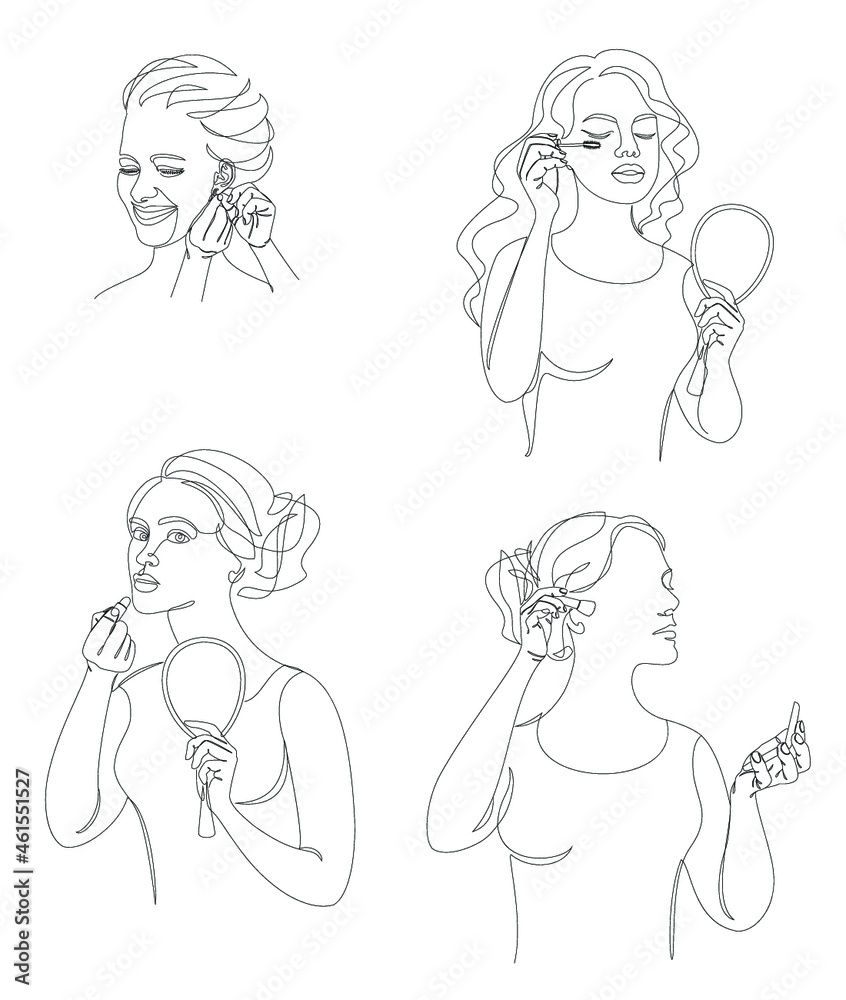 Collection. Silhouettes of a lady. The girl does mauiyage, paints lips, eyelashes, cheeks, earrings in a modern solid line style. Sketches, posters, stickers, logo. Set of vector illustrations.