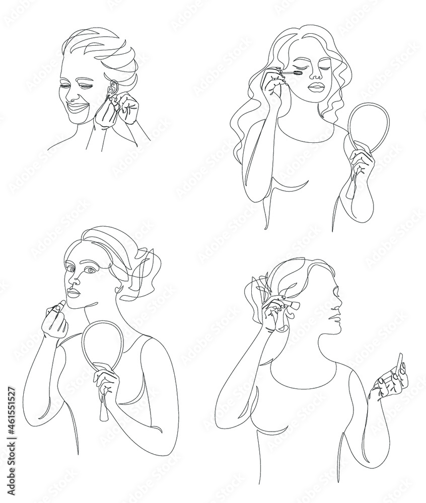 Collection. Silhouettes of a lady. The girl does mauiyage, paints lips, eyelashes, cheeks, earrings in a modern solid line style. Sketches, posters, stickers, logo. Set of vector illustrations. Collection. Silhouettes of a lady. The girl does mauiyage, paints lips, eyelashes, cheeks, earrings in a modern solid line style. Sketches, posters, stickers, logo. Set of vector illustrations.