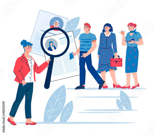 HR specialist select the right candidate for job vacancy. Recruitment and head hunting, hiring employee, flat cartoon vector illustration isolated on white background.