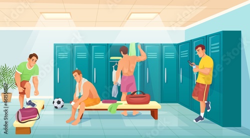Men athletes in gym locker room, soccer team change clothes. Sportsmen in changing room, football players after training vector illustration. Fitness people dressing after sport match
