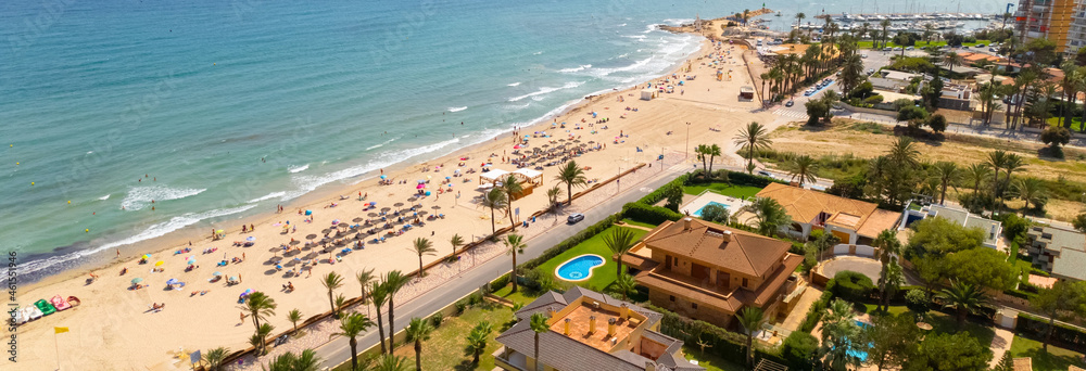 Aerial horizontal view Dehesa de Campoamor beach. Spain