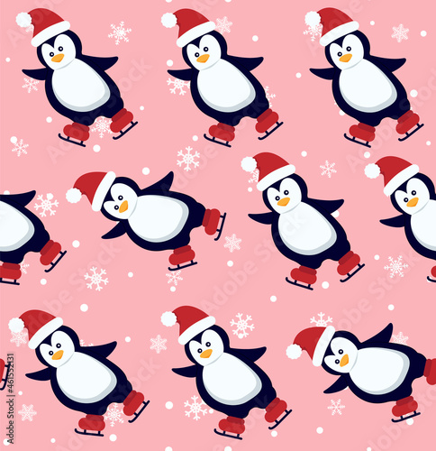 Penguins seamless pattern. Cute baby penguins in winter clothing and hats, christmas arctic animal, kids textile or wallpaper vector texture.