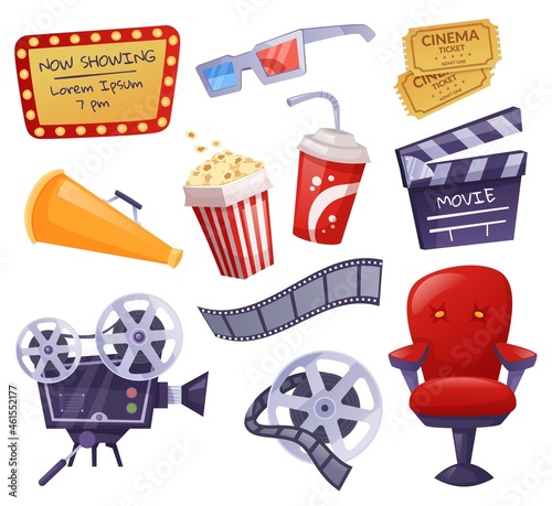 Vászonkép Cartoon cinema elements, movie theater tickets, popcorn