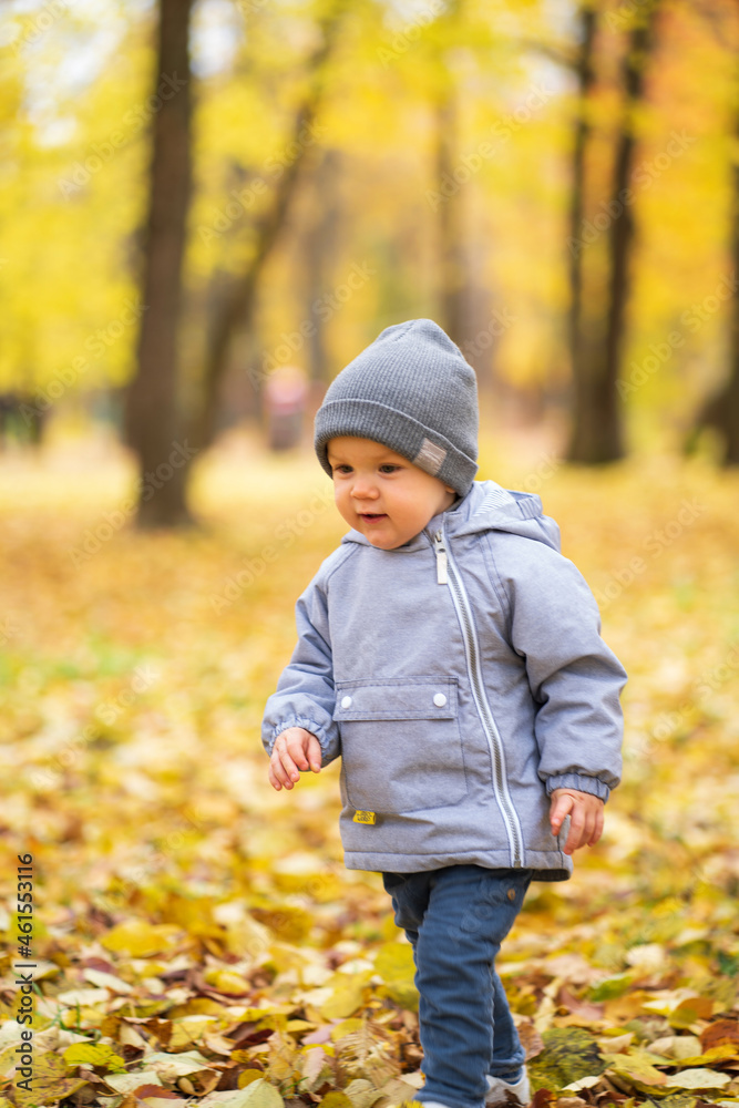 A small child runs in the autumn in the park during the day on fallen yellow leaves A small child runs in the autumn in the park during the day on fallen yellow leaves