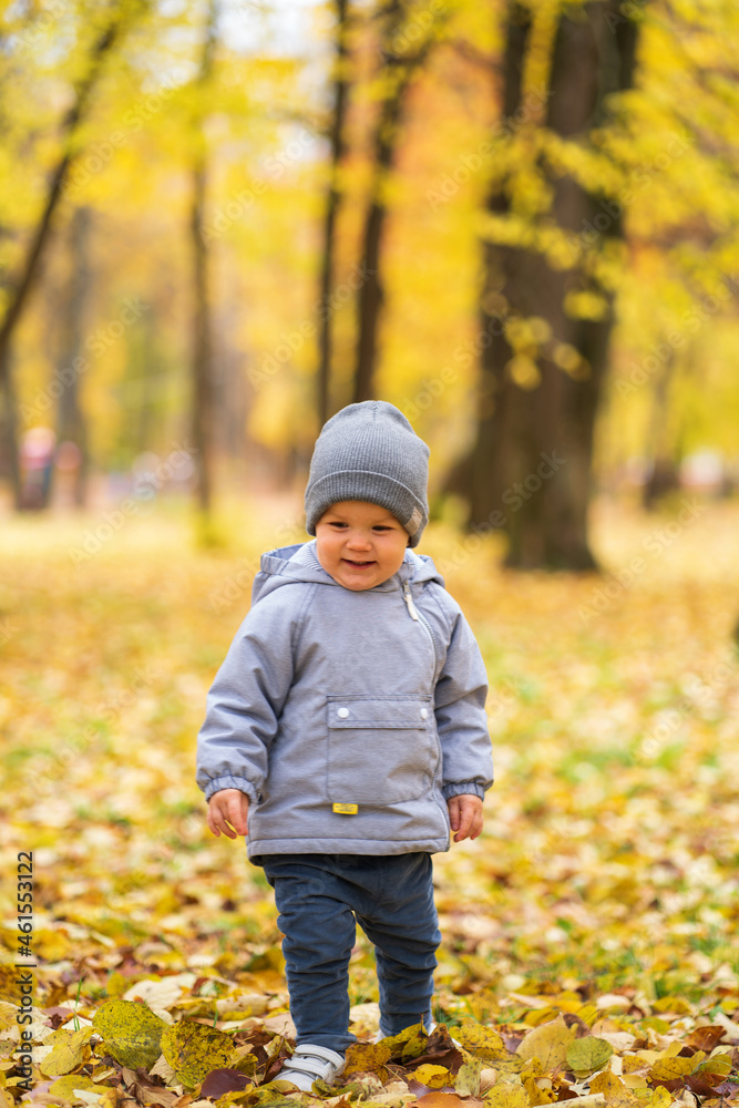 A small child walks in the autumn in the park during the day on fallen yellow leaves A small child walks in the autumn in the park during the day on fallen yellow leaves