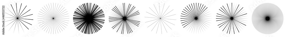 Radial, radiating lines, stripes abstract circular element. Rays, beams starburst, sunburst element. Converging, merging, spreading lines