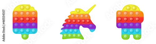 Set of forms pop it a fashionable silicon rainbow toys for fidgets. Addictive anti-stress toy in bright colors. Bubble sensory developing popit for kids. Vector illustration isolated on a white