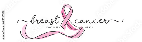 Breast cancer handwritten typography awareness month creative pink ribbon symbol line design vector illustration banner