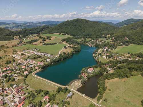 Aerial view of a lake in the village of Bansky Studenec in Slovakia