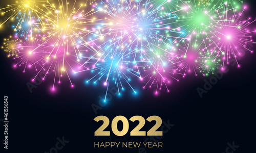 New year 2022 festive vector background with fireworks and sparkle celebration lights. Merry christmas and happy new 2022 year colorful firework. Abstract festive xmas background. New year sparkle.