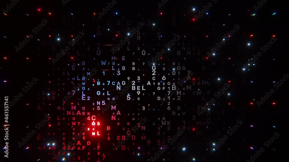 Digital data processing concept. Fast travel through abstract cloud of variable code, ciphers, digits, letters, secure programs or other encrypted information