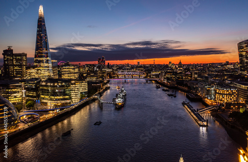 Aerial view of financial the shard tower at Sunset in London photo