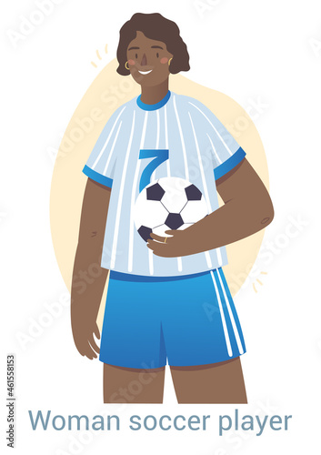 Woman soccer player. Female character in shorts holds ball in her hands. Athlete in uniform. Striker in team. Professional sports. Cartoon flat vector illustration isolated on white background