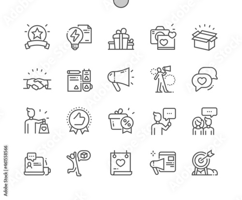 Brand ambassador. Product and promotion. Internet advertising. People reviews. Pixel Perfect Vector Thin Line Icons. Simple Minimal Pictogram photo