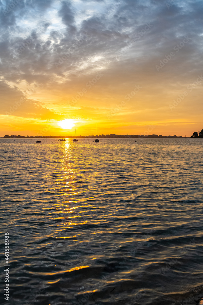 Brittany, panorama of the Morbihan gulf, view from the Ile aux Moines, at sunrise
