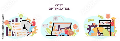 Cost optimization concept. Characters pay bills, make savings and count income. Managing family budget or business finances. Increased profits. Cartoon flat vector set isolated on white background