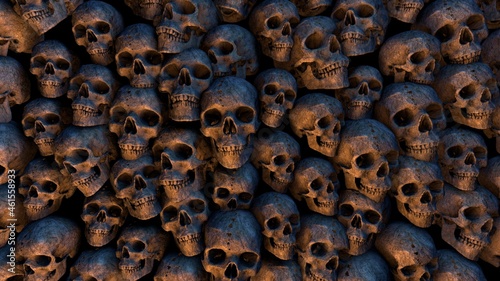 Catacombs - Apocalyptic scenery with human skulls. 3D rendering photo