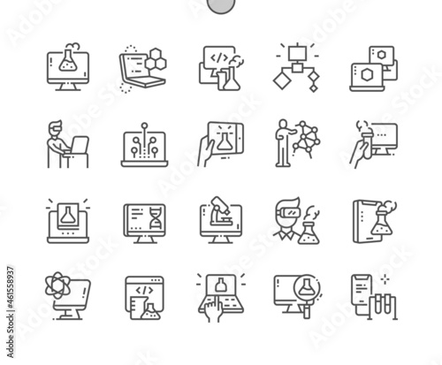 Computer science. Microscope, algorithms and virtual reality. Innovation, engineering and technology. Online chemistry. Pixel Perfect Vector Thin Line Icons. Simple Minimal Pictogram