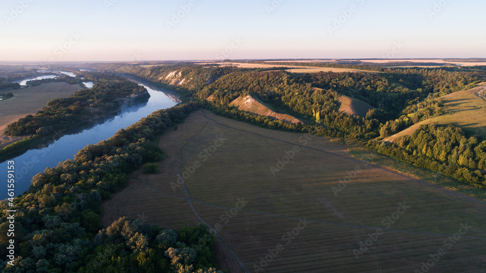 Aerial view of the Don River in the fog, beautiful natural landscape. Russia 