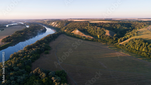 Aerial view of the Don River in the fog, beautiful natural landscape. Russia 