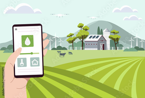 Modern farming. Gardener holds phone in his hands and manages processes on farm using application. Smart and technological agriculture. Cartoon flat vector illustration isolated on light background
