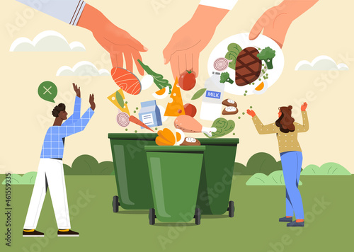 Food waste. Big hands throw leftovers of dishes into trash. Get rid of expired products. Excessive consumption. Taking care of environment. Cartoon flat vector illustration isolated on pink background