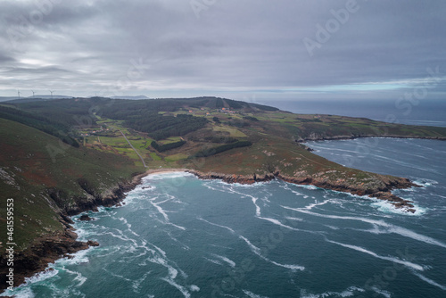 Drone aerial panoramic view of Moreira beach and green landscape in Galicia, Spain