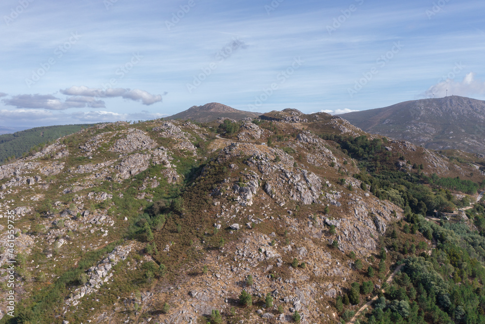 Vila Nova de Cerveira nature mountain landscape drone aerial view with Cervo viewpoint statue, in Portugal
