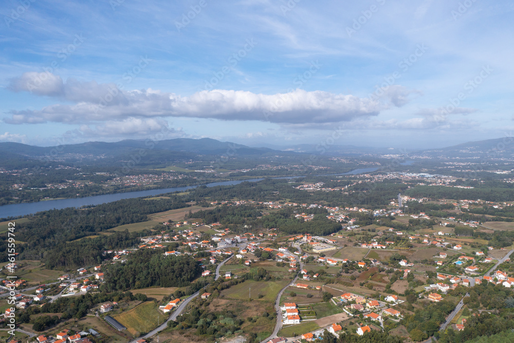 Vila Nova de Cerveira drone aerial view with Minho river and Spain on the other side of the river