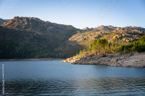 Landscape of Lake and mountains in Vilarinho das Furnas Dam in Geres National Park, in Portugal photo