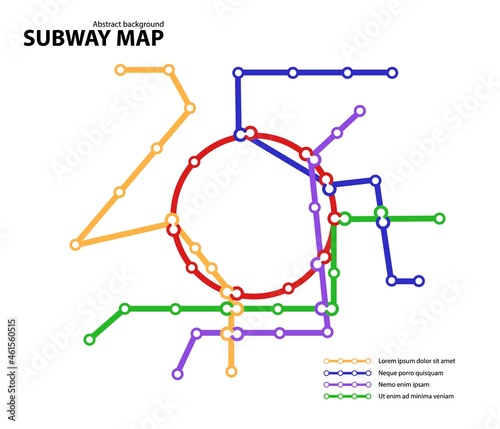 Subway map. Template of fictional town public transport scheme for underground transition road. Metro or bus abstract traffic pattern with circular color routes. Vector card illustration for design