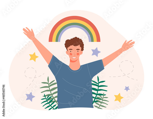 Happy man holding rainbow. Boy with sweet smile and spread arms. Kind character with positive mood relaxes and meditates. Cartoon contemporary flat vector illustration isolated on pink background
