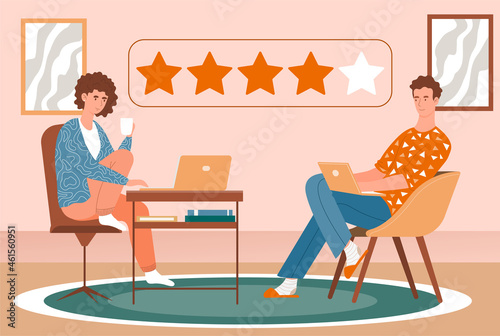 People give feedback. Man and woman give 4 stars to product or service. Positive rating from users. Couple makes choice based on reviews. Cartoon flat vector illustration isolated on pink background