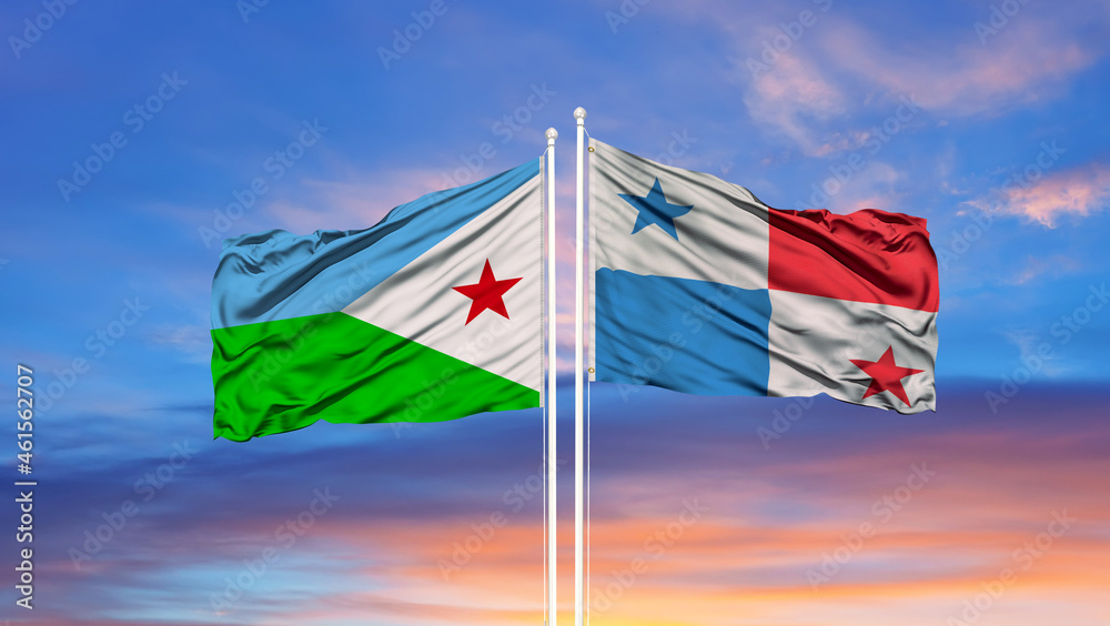 Fototapeta premium Panama and Djibouti flag on a flagpole with sky background