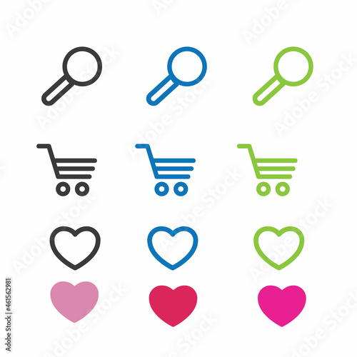 Set of three icons (Set of three icons (magnifying glass, shopping cart, heart) in three colors: black, blue, green.