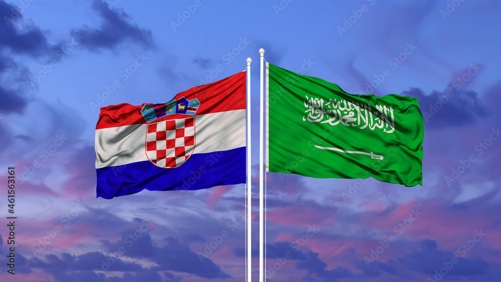 Saudi Arabia and Croatia two flags on flagpoles and blue cloudy sky