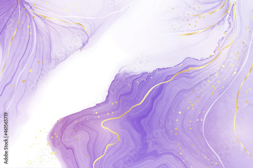 Purple lavender liquid watercolor background with golden lines. Pastel violet marble alcohol ink drawing effect. Vector illustration design template for wedding invitation, menu, rsvp