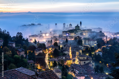 Beautiful medieval town at dawn with fog  Bergamo Lombardy