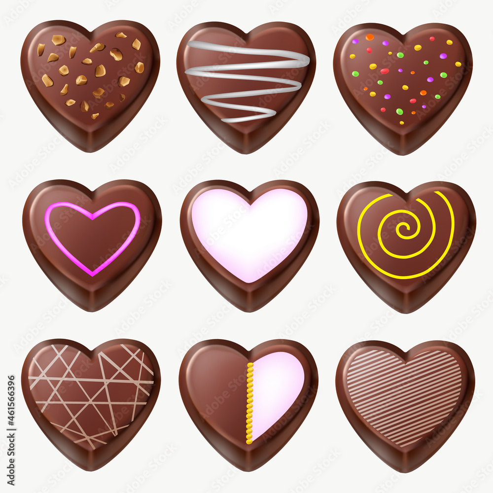 Set of realistic delicious chocolates. Chocolate heart in colorful glaze and heart of white chocolate with decor and candy.