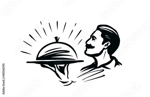 Waiter with food tray. Restaurant or cafe menu design element. Sketch vintage vector illustration